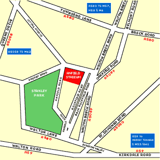 Anfield Map for Directions to Anfield Stadium home of Liverpool FC